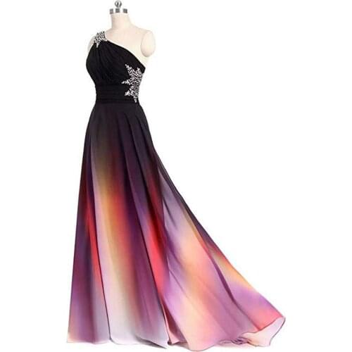 Chiffon Sweep Train Prom Dresses One Shoulder Gradient Evening Dresses Crystal Homecoming Dresses Pleat
