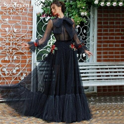 Smileven Black Evening Dress With 3D Flowers Evening Party Gown Puff Sleeve Prom Dress vestido de festa Formal party dress