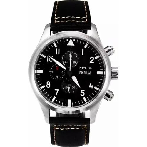 PHYLIDA 5Bar Sport Pilot Watch Chronograph Luminous Domed Sapphire Leather Strap Black Dial and Hands Gift