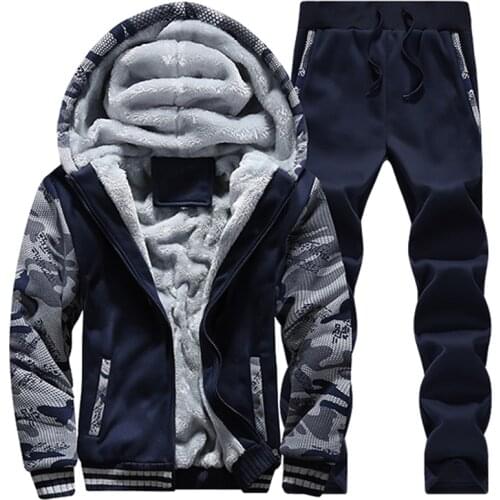 Winter Hoodies Men Sweatshirt + Pants Wadded Tracksuit Hooded Print Pattern Baseball Sportswear Camouflage Wool Hoodie 5XL Suit