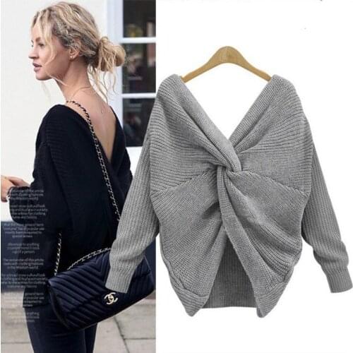 6 Colors V Neck Beauty Back Sweater Women 2020 Autumn Winter Knitted Sweater Pullover Womens Jumper Pull Femme Loose Sweater