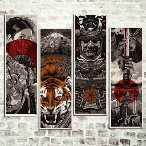 Vintage Poster Japanese Samurai Kimono Tiger Retro Silk Art Prints Wall Decor Figure Pictures Huge Size