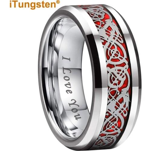 8MM Black Tungsten Ring Men Women Engagement Ring With Steel Dragon Red Carbon Fiber Inlay Comfort Fit