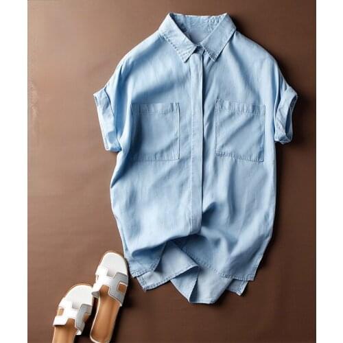 Lightweight Soft Denim Blue Women Shirts Summer Vintage 2021 Turn-Down Collar Batwing Sleeved Loose Solid Pocket Outwear Tops