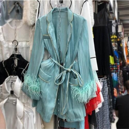 2021 Spring New Sweet Long Sleeve Women Long Sleeve Loose Shirt Coats With Feather Belt Tops Korea Womens Green Blouses