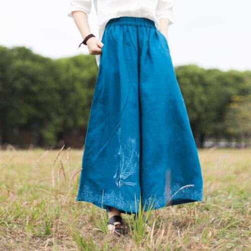QPFJQD Ladies Loose Elastic Waist Linen Embroidered Flax Trousers Women Casual Retro Wide Leg Long Pants Plus Size