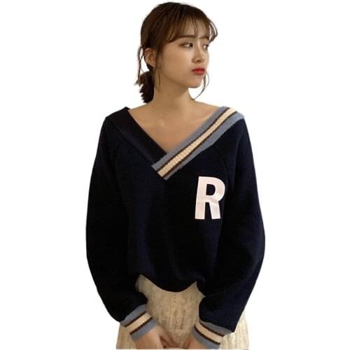 DE Women Sweatshirts Loose Tops Slouchy Style Warm V-Neck Long Sleeve Pullover Girls Patchwork Clothes Blouse Oversized M-4XL