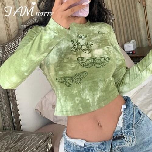 Aesthetic Tie Dye Green Crop Top Tee Women Cute y2k Butterfly Print Long Sleeve T-shirts Vintage O-neck Pullovers Tees Iamhotty