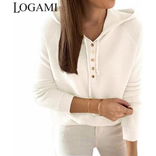 LOGAMI Drawstring Hooded Knitted Sweater Women 2021 Autumn and Winter New Button Pullover Jumper