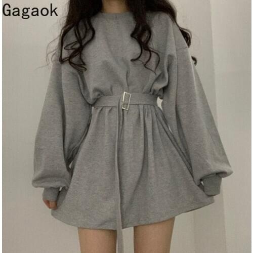 Gagaok Women Casual Dress Spring Autumn New Solid O-Neck Lantern Sleeve Sashes Mini Sexy Wild Loose Female Fashion Dresses Ins