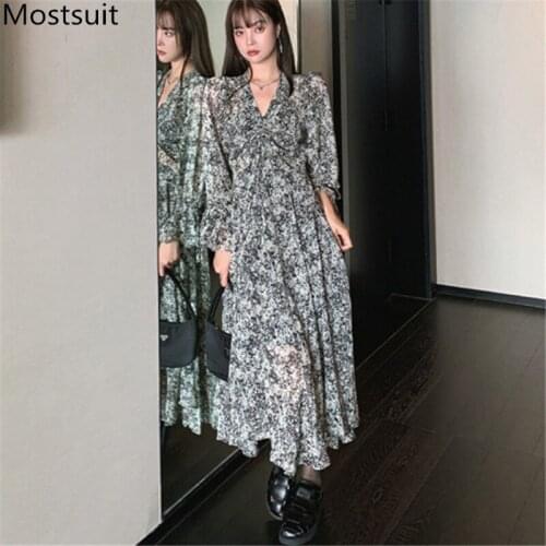Splash-ink Printed Chiffon Women Long Dress Full Sleeve V-neck A-line Midi Dresses Vintage Elegant Korean Fashion Vestidos 2021