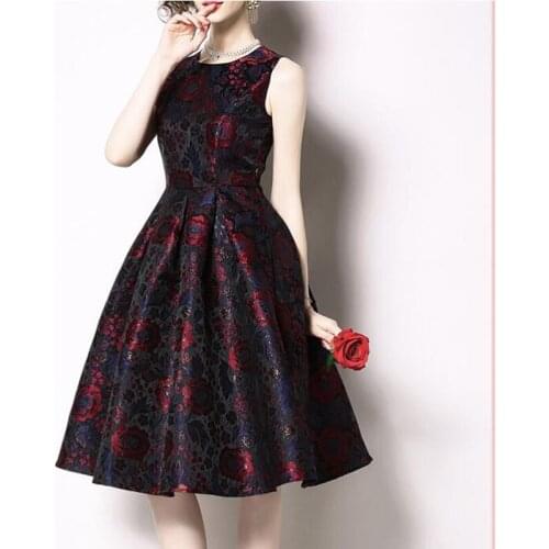 2021 Summer New European Runway Dress Womens O Neck Sleeveless Vintage Printing Vest Dress Ladies Beach Sundress Party Vestidos