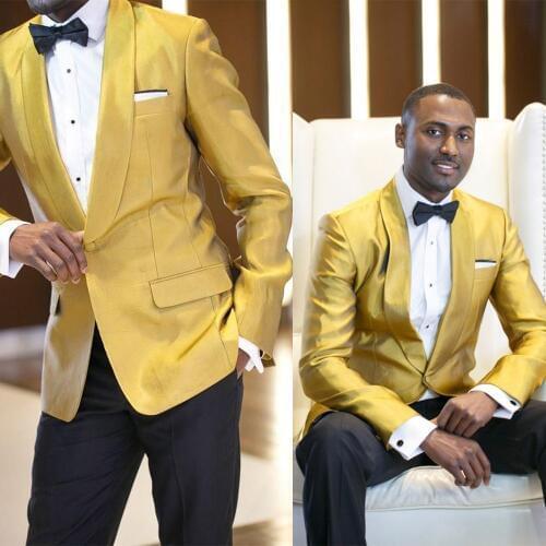 Gold Wedding Tuxedos Slim Fit One Button Shawl Lapel Waistcoat Pants Groom Wear Party Prom Best Men Blazer Suit(Jacket+Pants)