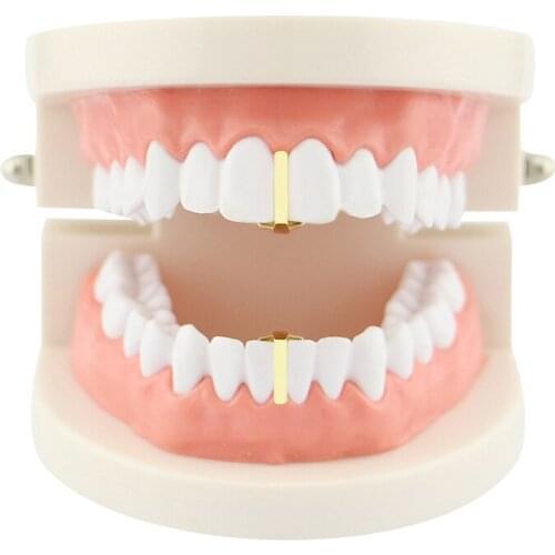 2Pcs/Set Gold Color Teeth Grillz Stick Shape Grills Top Bottom Fangs Grills Metal Tooth Caps for Women Men Rapper Body Jewelry