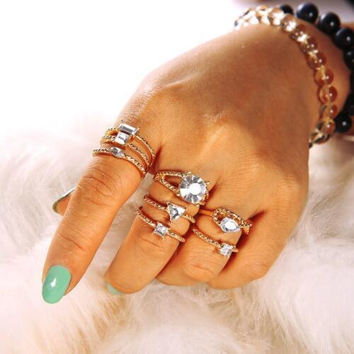 8 Pcs/set Women Bohemian Vintage Crystal Gold Knuckle Ring Fashion Women Party Ring Set Jewelry Gifts