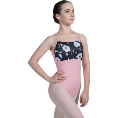 Pale Pink Camisole Ballet Dance Leotard Matte Lycra Flower Print Ballet Leotards for Women Dance Wear Practice Leotard 02D0128