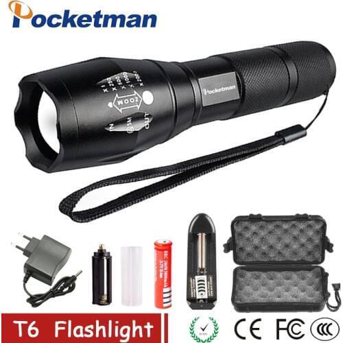 Big Promotion Ultra Bright XM-L T6 / L2 LED Flashlight 5Modes 5200 Lumens Zoomable LED Torch 18650 Battery + Charger + Clip