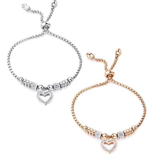 Stainless Steel Gold Delicate Minimalism Zircon Stone Heart Bracelet Chain Link Bangle Women Ladies Loves Gift For Him