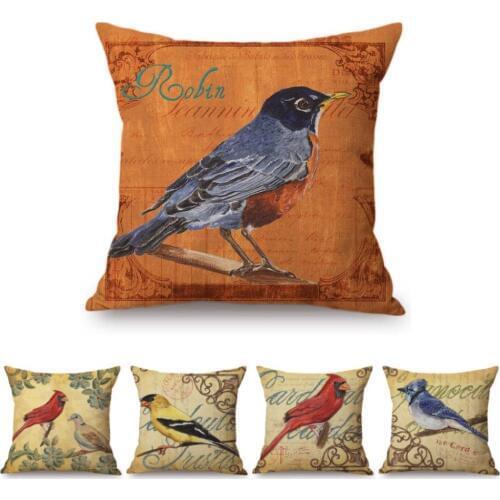 Vintage Singing Birds Post Card Art Design Decorative Sofa Throw Pillow Case Cotton Linen Blue Green Yellow Color Cushion Cover