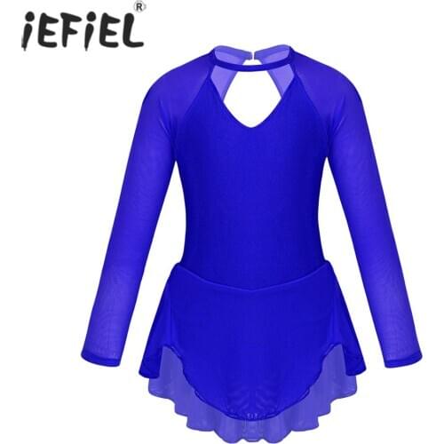 Kids Girls Figure Skating Dress Ice Skating Competition Dresses Sheer Long Sleeves Tulle Splice Ballet Dance Leotard Costume