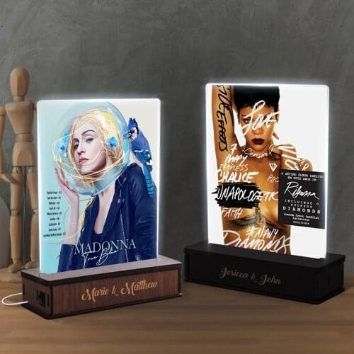 Custom Album Board with Wood Base - Custom Album Plaque with LED Light Wooden Stand - Submit Your Favorite Album