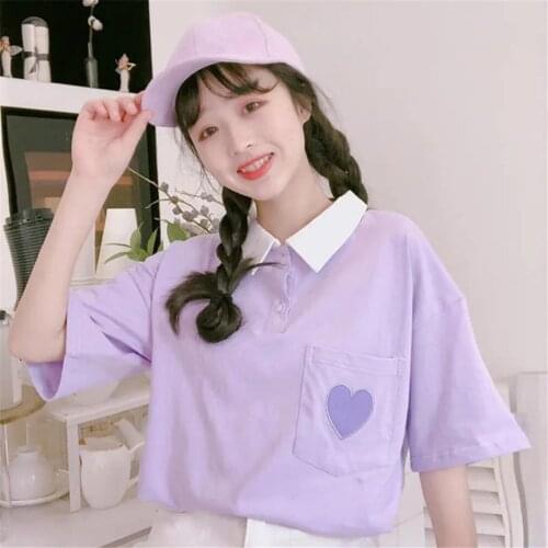 Cute Heart Embroidery Polo Shirt Girl Fashion Women Cartoon T-Shirt Funny Gothic Kawaii Harajuku Tops Summer High Street T Shirt
