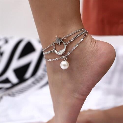 HI MAN Korean Creative Three-Layer Star Moon Pearl Anklet Women Fashion High-Quality Anniversary Gift Jewelry Accessories