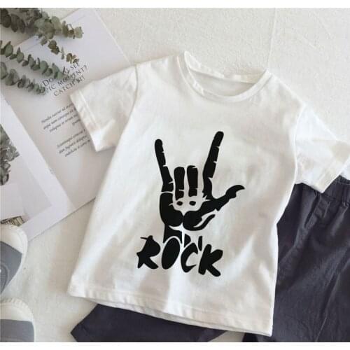 Kawaii Children Cartoon T Shirt for Kids Summer Top Tees Boys Girls Funny Skull Rock Gesture O-neck Unisex T Shirt 1147