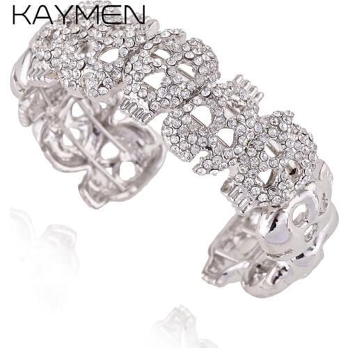 KAYMEN New Full Rhinestones Skeleton Skull Cuff Bangle Bracelet for Girl Golden or Silver Plated Punk Style Bangle Jewelry