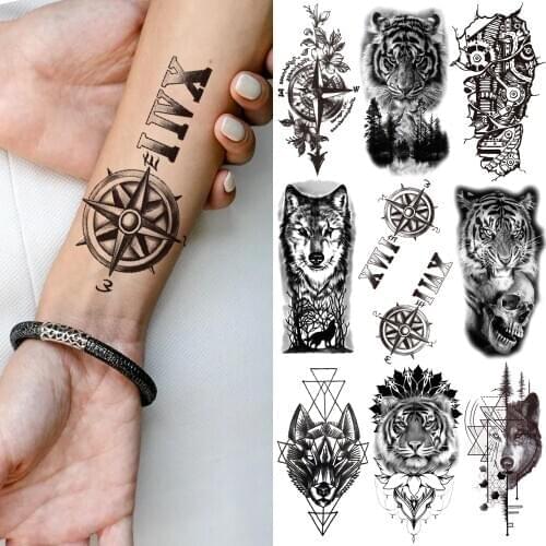 Compass Letter Temporary Tattoo For Men Women Adult Realistic Fake Wolf Skull Tattoos Sticker Tiger Black Forest Tatoos Forearm