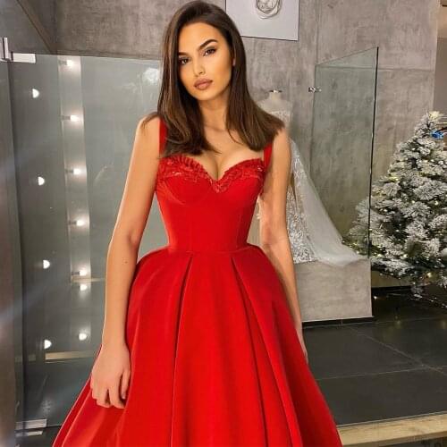 Red Satin Prom Dresses Short Vintage 2021 Spaghetti Tea-Length Sweetheart Evening Dress Simple Elegant Party Gown For Teen Girs
