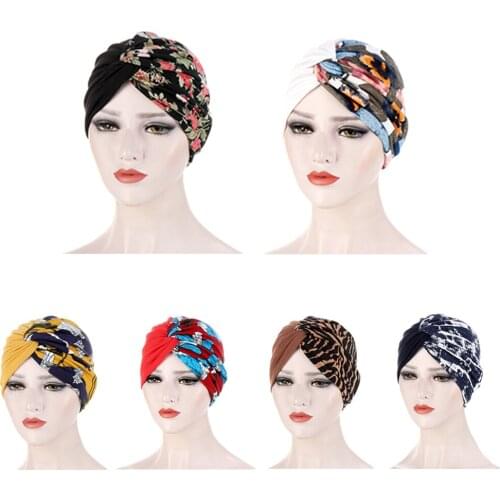 Cross Knot Turban Cap Women Fashion Print Twisted Bonnet Hat Female Muslim Headscarf Soft Night Caps Round Sleeping Hat Femme
