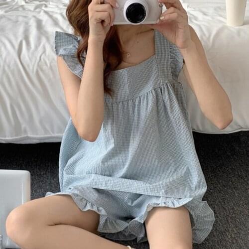 Summer Set Of Two Korean Style Fashion Pieces Plaid Ruffles Sleeveless Camisoles Out Wear Pajamas Nightie 2 Piece