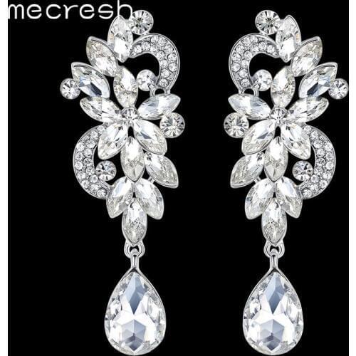 Mecresh Luxury Silver Color Crystal Big Long Drop Earrings for Bride/Bridesmaid Flower Shape Wedding Party Earrings 2019 MEH1045