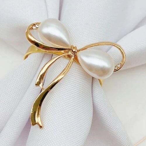 Fashion Wedding Napkin Ring Pearl Bow Napkin Buckle Metal Plating Napkin Ring Holiday Party Desktop Decoration