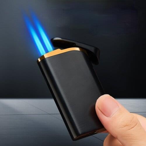 Unusual Double Straight Inflatable Lighter Powerful Turbo Torch Metal Windproof Gas Lighters Smoking Accessories Gadgets For Men