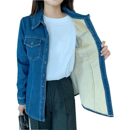 New Autumn winter women cotton flannel Warm thickening pocket long sleeve blouse Denim shirt casual tops plus size