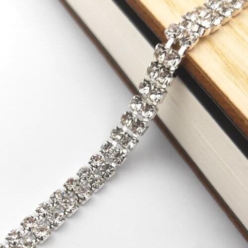New arrive Double row Clear White Rhinestones Chain Silver Base Glass Crystal Cup Chain, Sew On For Diy Garment Bags Decorations