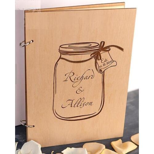 Personalized Mason Jar Rustic wedding guest album book engraved Wooden guestbooks Reception party decorations