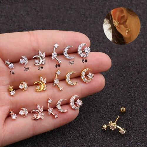 1pc Stainless Steel Helix Cartilage Earring Cz Moon and Star Tragus Conch Rook Screw Back Stud Ear Piercing Jewelry