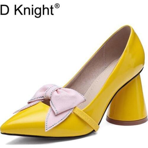 D Knight Shoes New Patent Leather Wonen Pumps Fashion Bow Office Shoes Women Sexy High Heels Shoes Womens Wedding Party Shoes