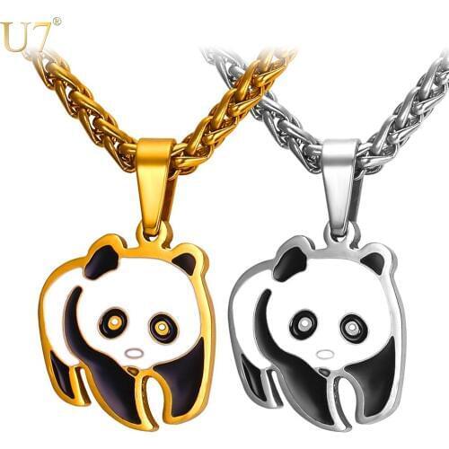 U7 Giant Panda Charm Necklace Lovely Cute Animal Silver/Gold Color Stainless Steel Pendant & Chain Gift For Women Jewelry P902