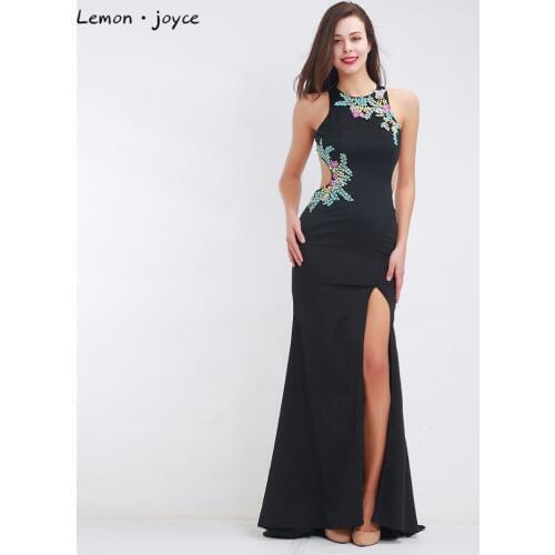 Vintage Black Evening Dresses Long 2020 Elegant O-Neck Sleeveless Sexy Backless with High Side Slit Prom Dress Party Gowns