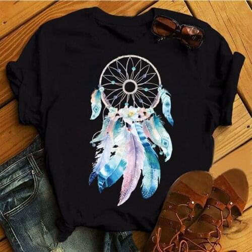 Harajuku Women T Shirt Feather Flower Printed Tops Women New Black T-shirt Ladies Cute Graphic Tees Woman Casual Tops T-shirt