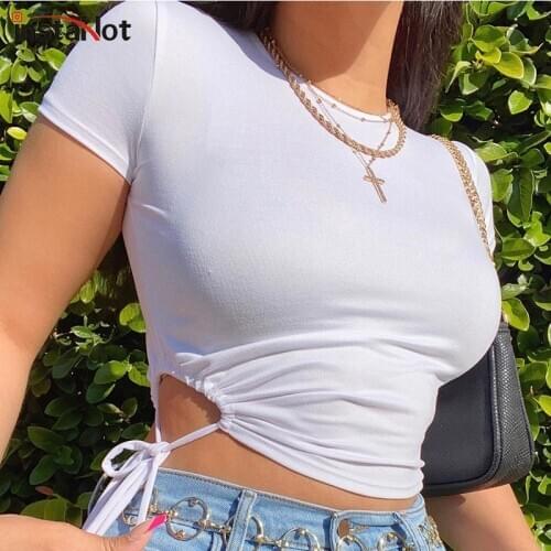 InstaHot Pure White Bandage Side T shirt Short Sleeve O Neck Hollow Out Skinny Cropped Tee Top Women Summer Casual t shirt
