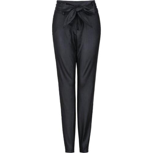 Black Faux Leather Woman Pants High Waist Sashes Stretchy Skinny Bodycon Pencil Office Trousers Women Spodnie Damskie