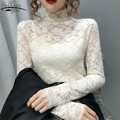 Sexy Women Blouses Fashion Lace Tops Hollow Out Womans Shirts 2021 Autumn Long Sleeve Slim Lady Clothing Korean Style 10812