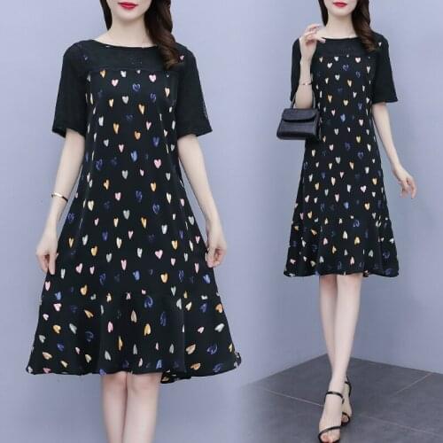 EHQAXIN Womens Dresses 2021 Summer Fashion Sweet Love Print Stitching Chiffon Ruffle Dress Ladies Loose Casual Style L-5XL