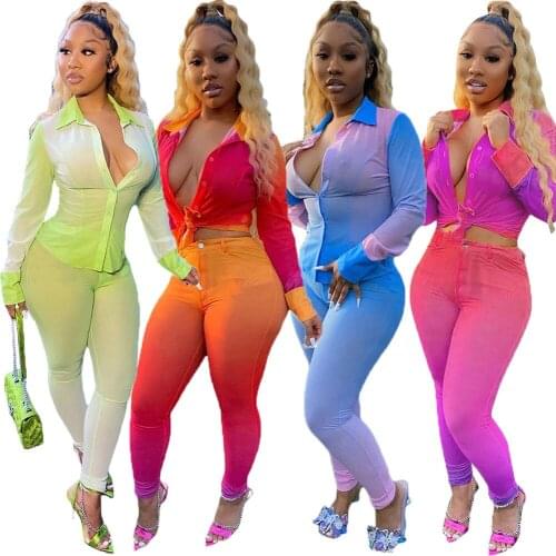 Echoine Women 2020 New Gradient Arrivals Deep V Neck Bodysuit Shirt + High Waist Pants Two Pieces Sets Party Clubwear Outfits