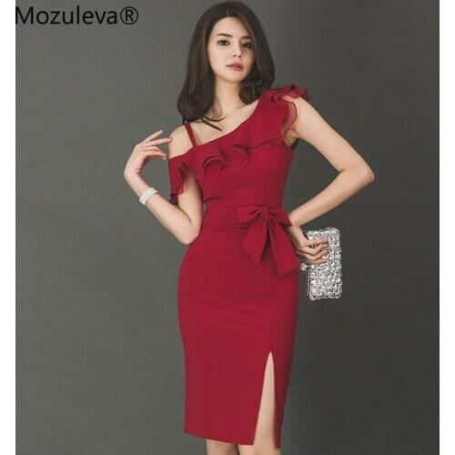Mozuleva 2020 Summer New Bowknot Ruffles One-Shoulder Sleeveless Sexy Bodycon Vestidos Red Midi Pencil Party Dress Bodycon Dress
